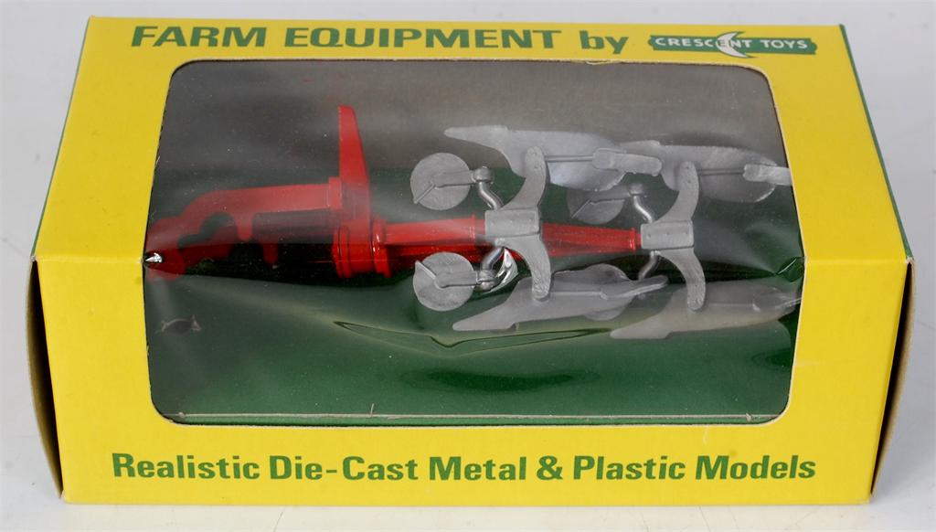 Crescent Toys, No.150 plough, red body with silver furrows, in original yellow and green labelled