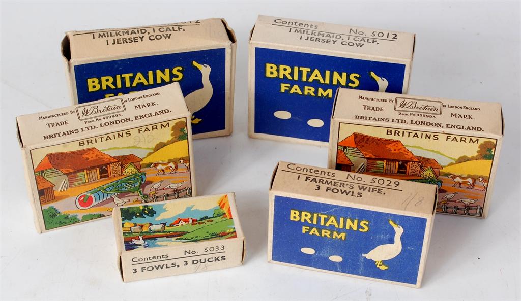 Britains, farm series empty duck box group to include 2x No.136F tractor roller boxes (both VG),