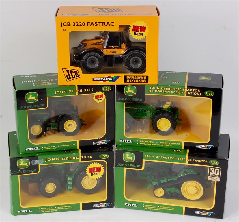 Britains, John Deere and JCB boxed tractor and Fastrac group, all boxed, some models loose in box