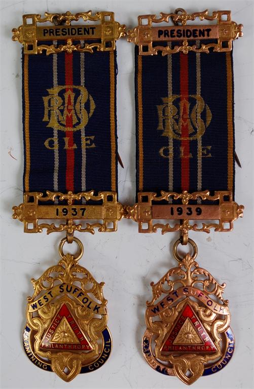 A pair of West Suffolk Examining Council 9ct gold and enamelled Masonic jewels, each inscribed verso