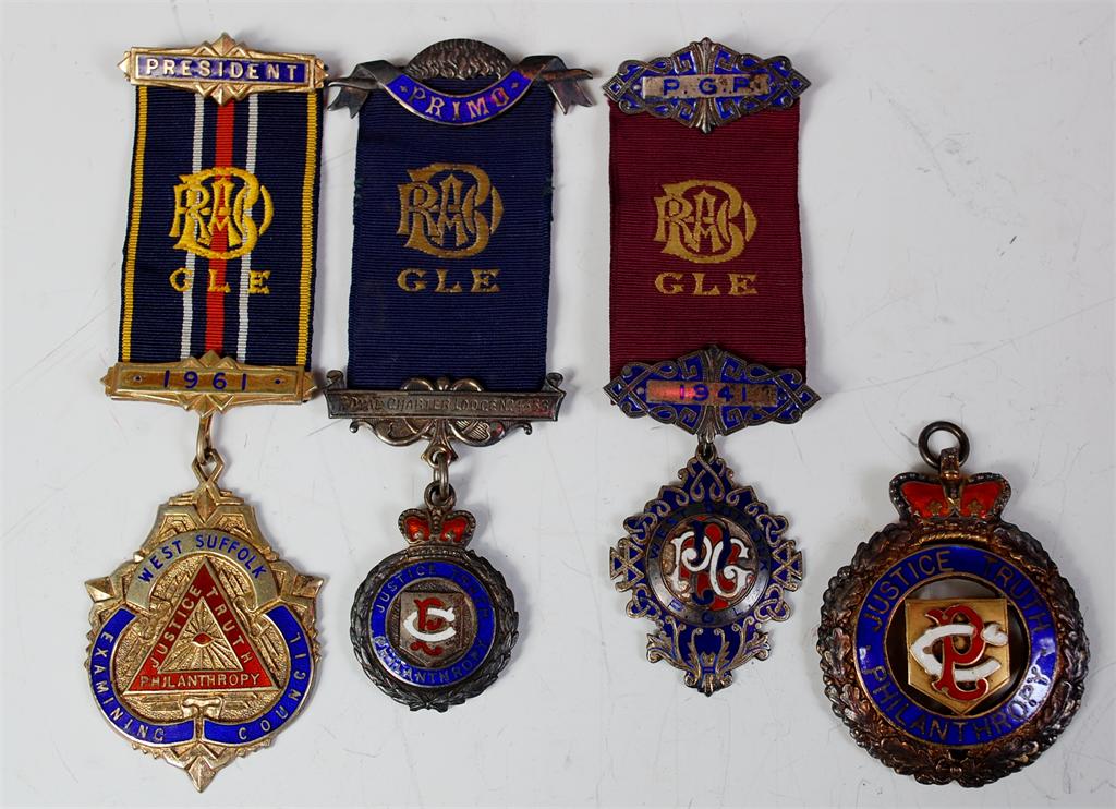 A West Suffolk Examining Council silver gilt and enamelled Masonic jewel, inscribed verso