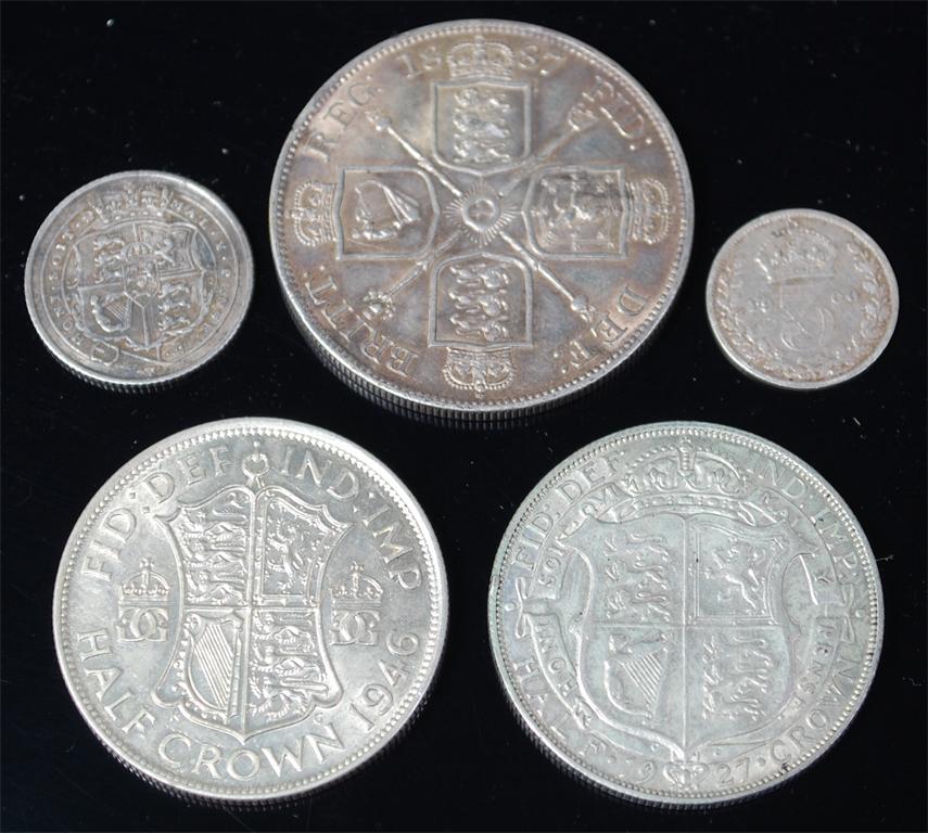 Great Britain, mixed lot of silver coins; 1887 Victoria jubilee head double florin, 1818 George - Image 2 of 2