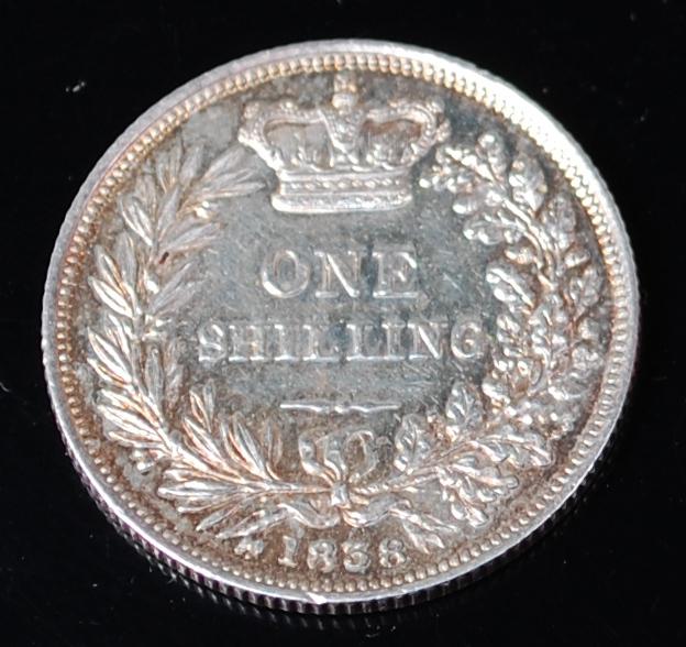 Great Britain, 1838 shilling, impaired proof, Queen Victoria 'young head', rev. crowned denomination - Image 2 of 2