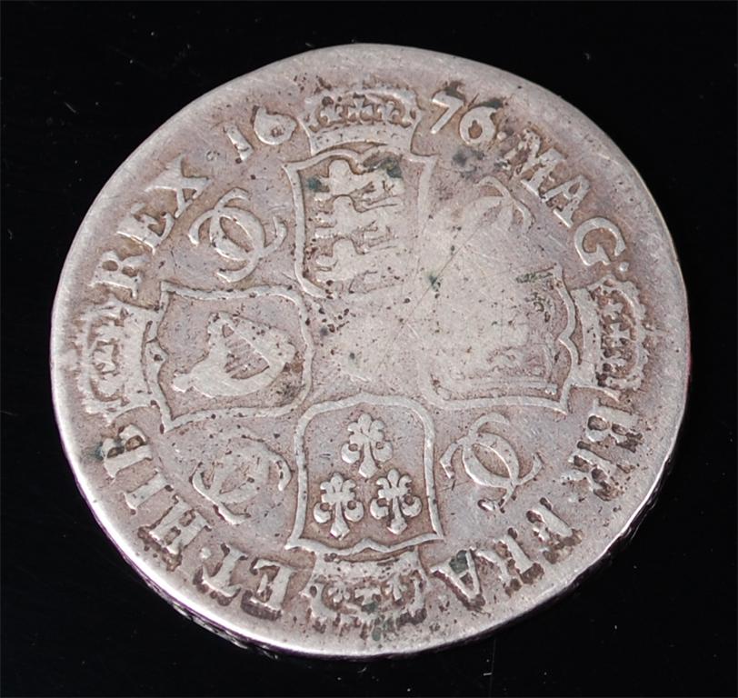 England, 1676 half crown, Charles II laureate and draped bust, rev. crowned cruciform shields, - Image 2 of 2