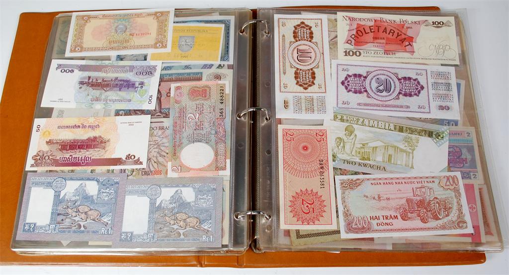 A folder of approx 130 world banknotes to include; Poland, Brazil, Germany, Indonesia, Zaire etc