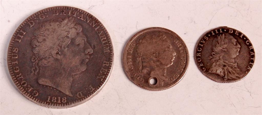 Great Britain, 1818, George III crown, 1787 George III sixpence, George III shilling (pierced) (3)