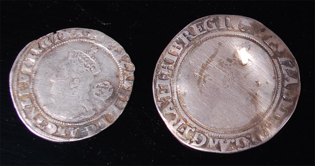 England, 1560-61 shilling, Elizabeth I (F) (buckled); together with 1575 Elizabeth I sixpence (F) (