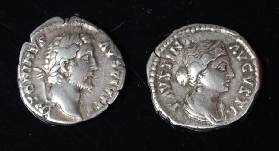 Roman, Antoninus Pius 138-161AD, AR denarius (gF), together with Faustina the Younger 130-175AD (