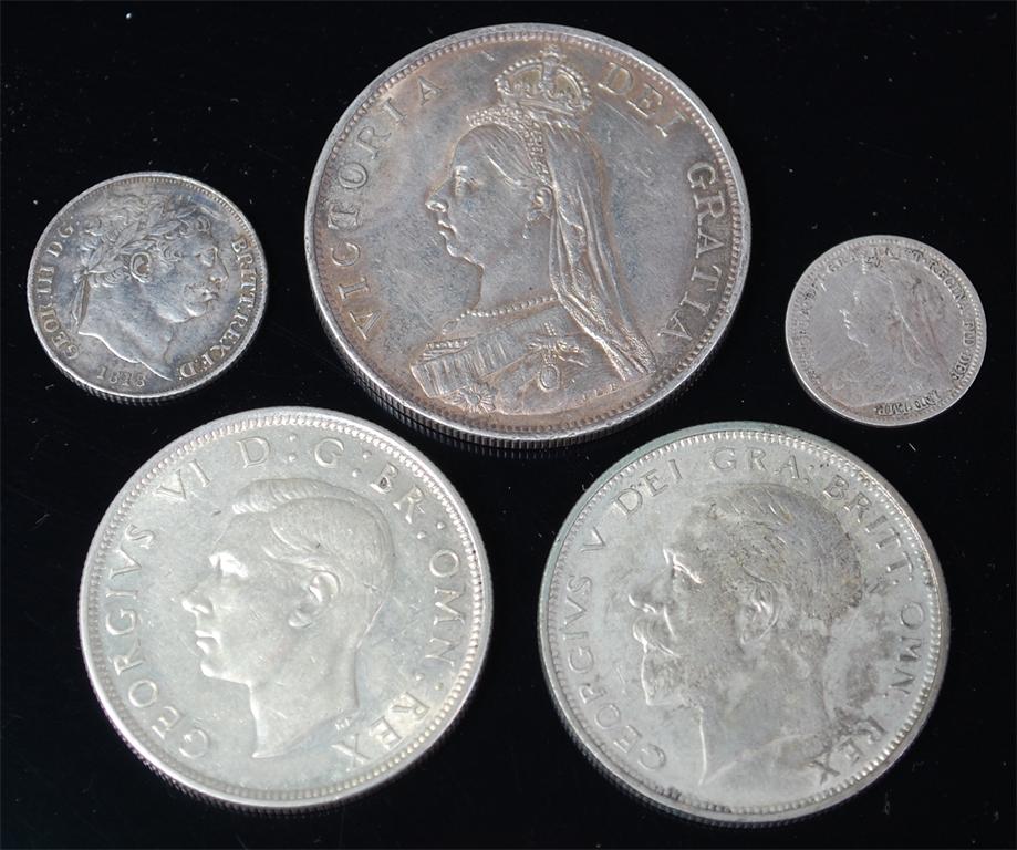 Great Britain, mixed lot of silver coins; 1887 Victoria jubilee head double florin, 1818 George