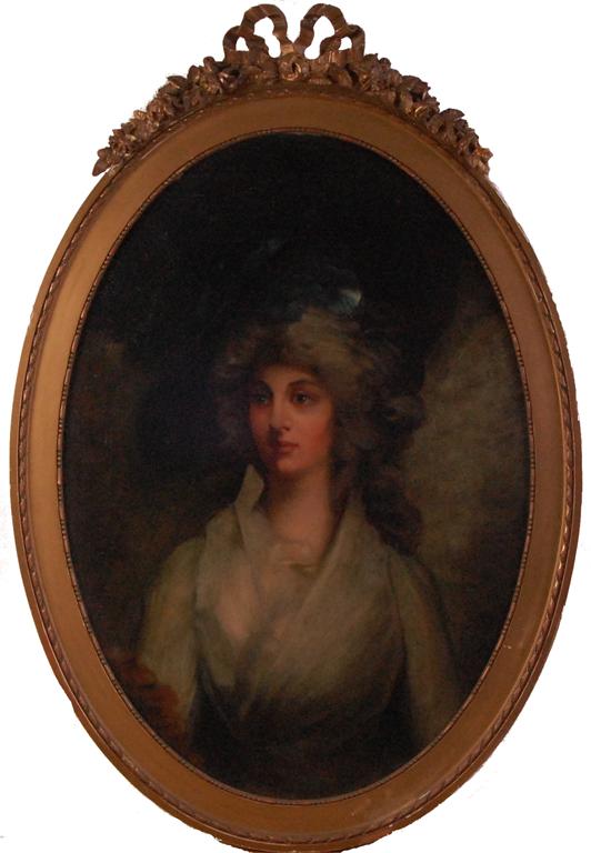 Follower of George Romney - Half length portrait of a maiden, oil on canvas, framed as an oval,