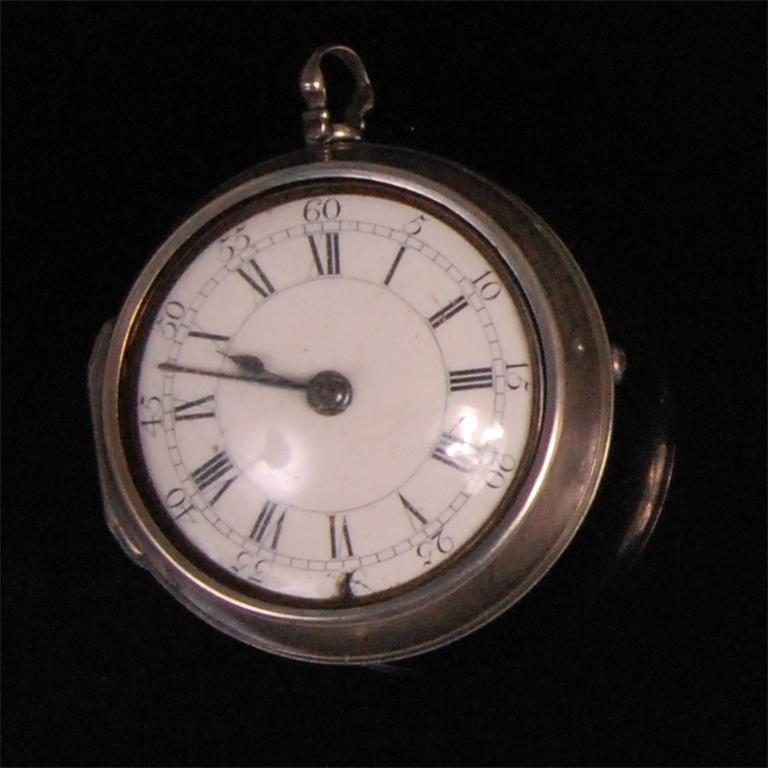 A mid-18th century white metal pair cased gents open faced pocket watch, the white enamel dial