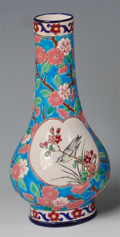 A Longwy faience pottery vase, of pear shape, enamel decorated in the Chinese taste, with opposing - Image 2 of 2