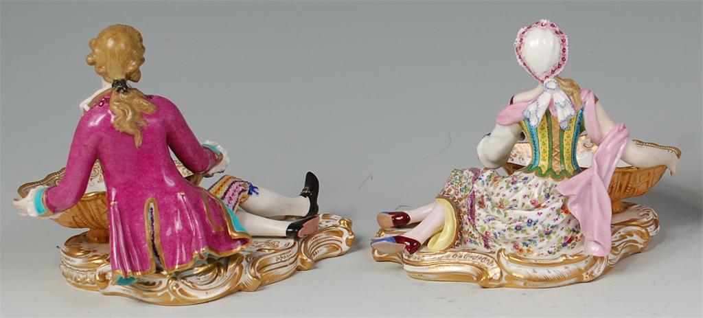 # A pair of 19th century porcelain figural table salts, modelled as a reclining couple in 18th - Image 3 of 3