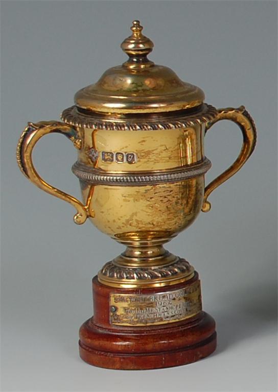 *'The Whitbread Gold Cup' 1962 silver gilt twin handled pedestal trophy cup and cover, 3.8oz,