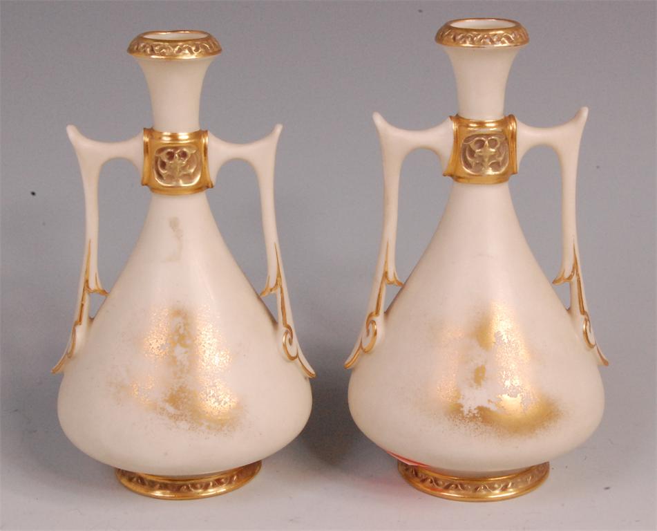A pair of late 19th century Royal Worcester porcelain twin handled vases, enamel decorated in the - Image 2 of 3