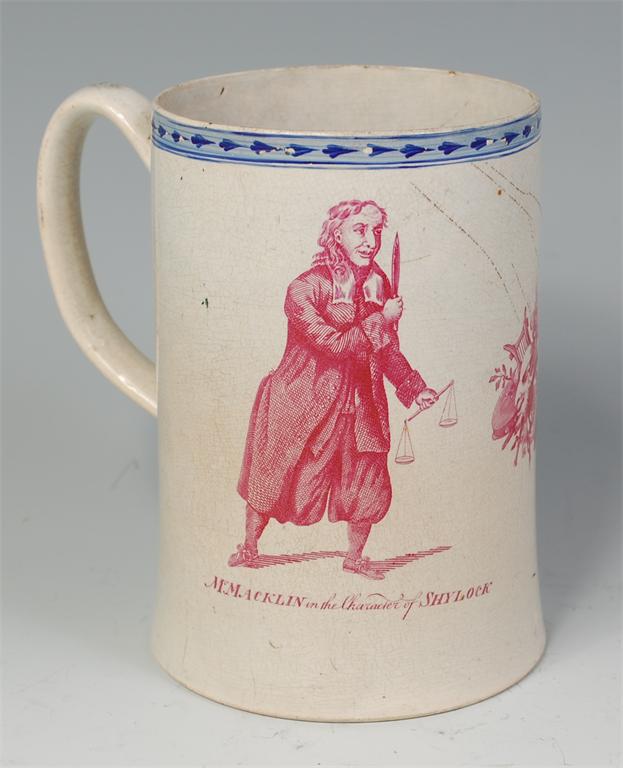 A late 18th century rare theatrical English creamware tankard, transfer printed in puce with Mr - Image 2 of 5