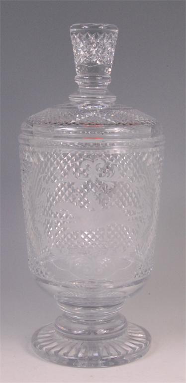 *A Royal Doulton cut glass pedestal trophy cup and cover, of impressive proportions, inscribed for