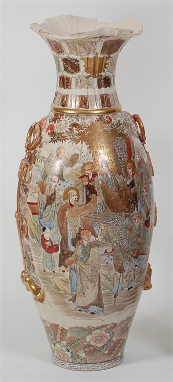 A Japanese satsuma floor vase, early 20th century, enamel decorated with ceremonial figure scenes
