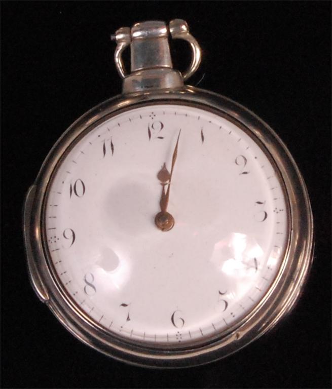 A George IV silver gents pair cased open faced pocket watch, having white enamel dial with Arabic