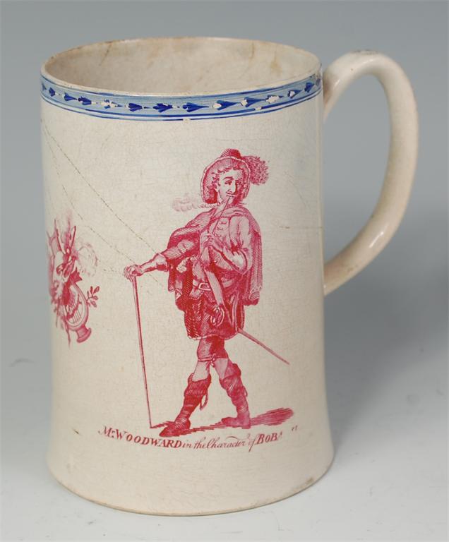 A late 18th century rare theatrical English creamware tankard, transfer printed in puce with Mr