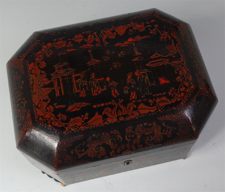 A 19th century Chinese export black lacquered tea caddy, having raised figure decoration ( - Image 2 of 2