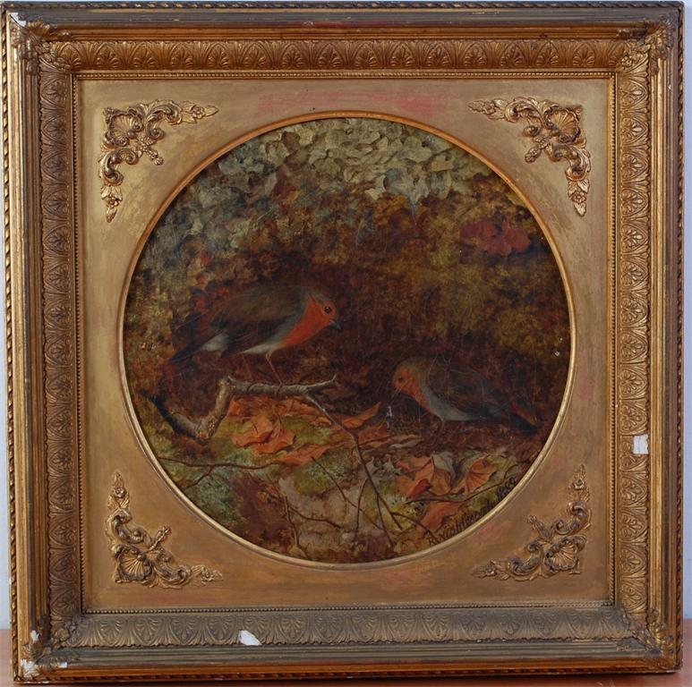 Robert Nightingale (1815-1895) - Robins on a branch in autumn, oil on canvas, framed as a circle,