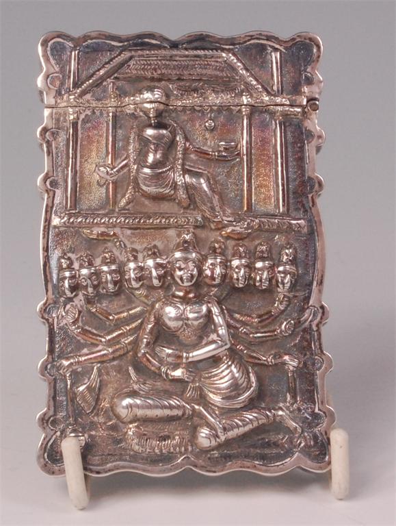 A circa 1900 Indian silver calling card case, the obverse and reverse embossed with Ravana and other