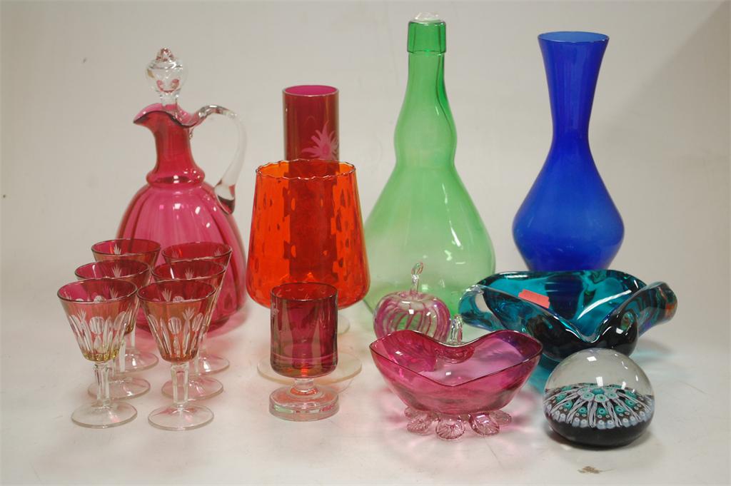 Assorted glassware to include; cranberry glass carafe, Venetian ashtray, paperweights etc