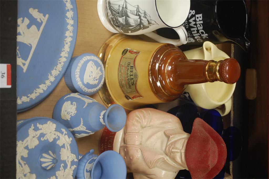 Mixed ceramics to include; Wedgwood blue jasper, Wade Bell's scotch whisky decanter, other