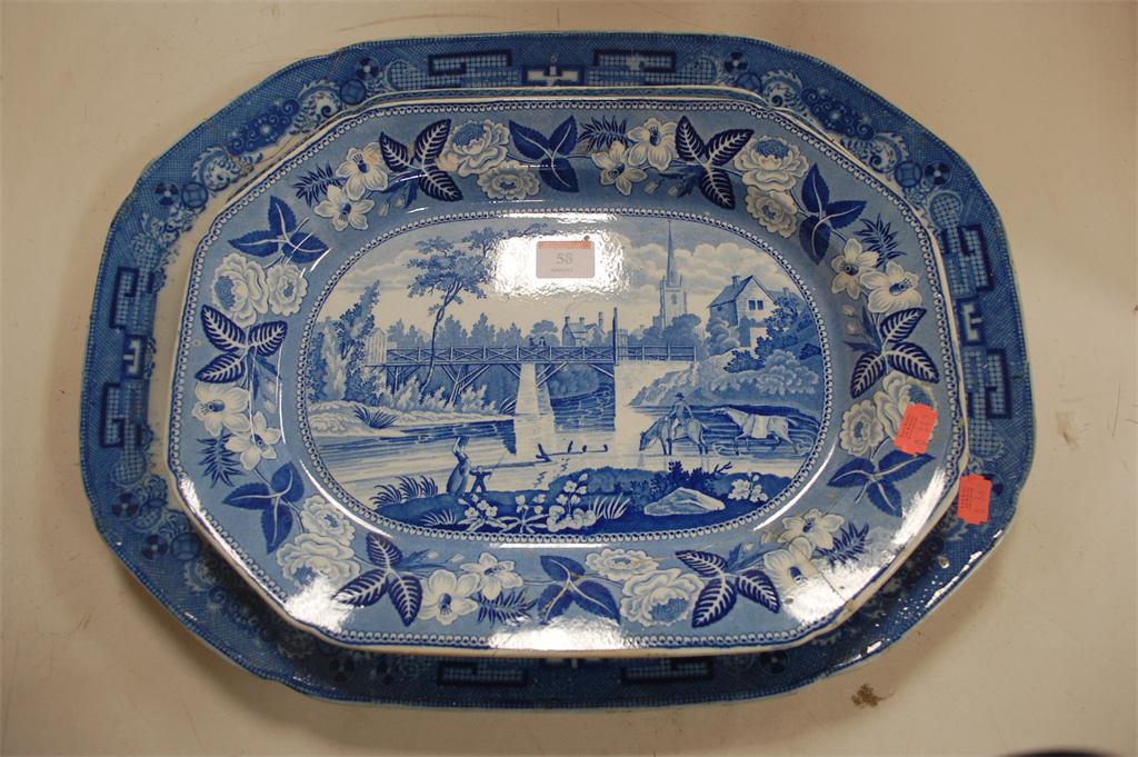 Three 19th century blue and white printed meat plates to include; British Scenery pattern (a/f)