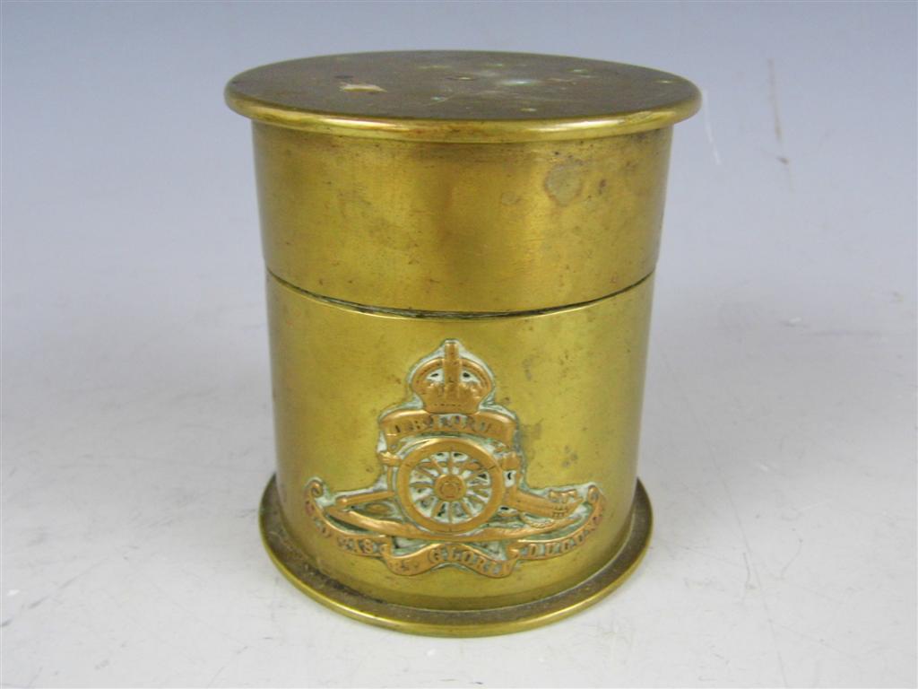 A First World War trench art box fabricated from truncated Imperial German shell cases and bearing