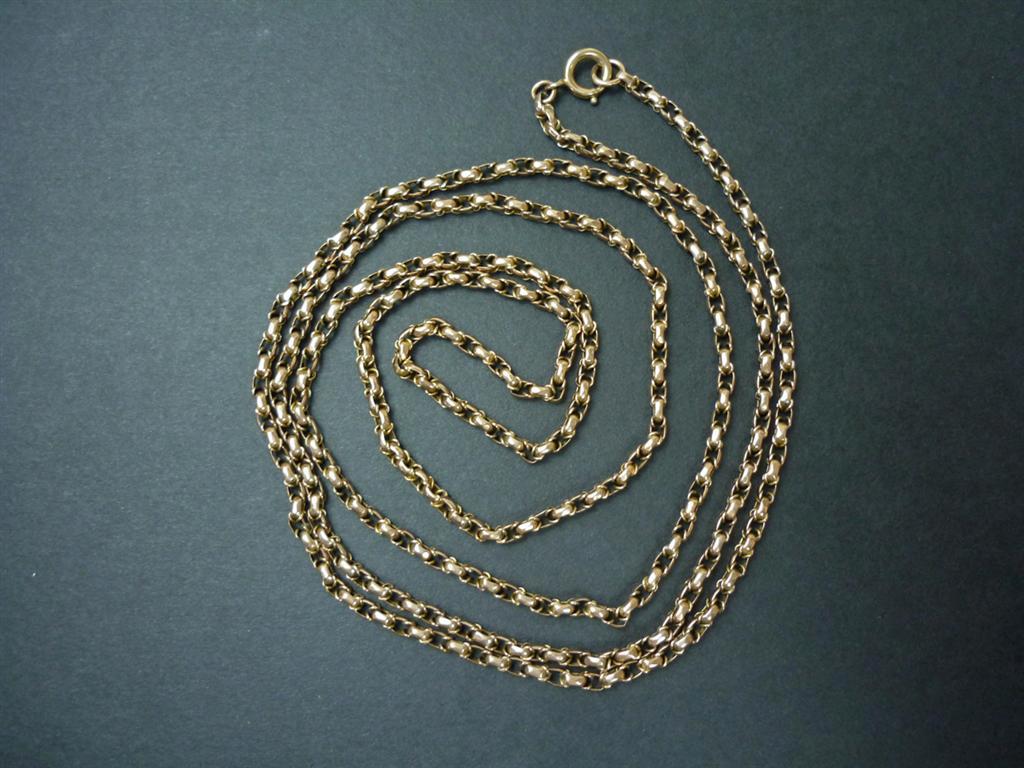 A Victorian yellow metal fancy link guard chain with bolt ring, 104 cm, 19.7g