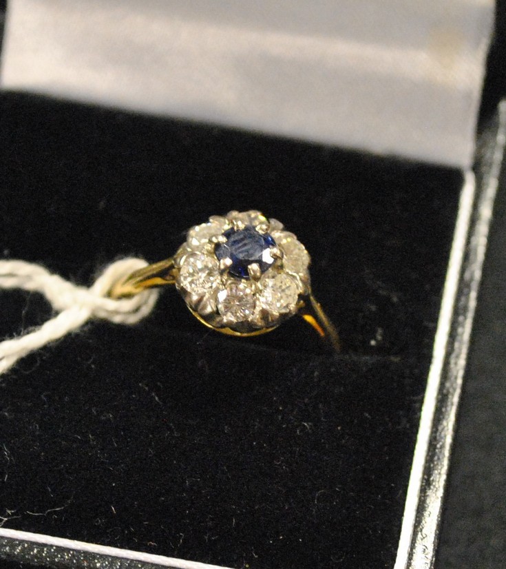 18ct Antique Diamond/Sapphire Cluster Ring approx. .90c