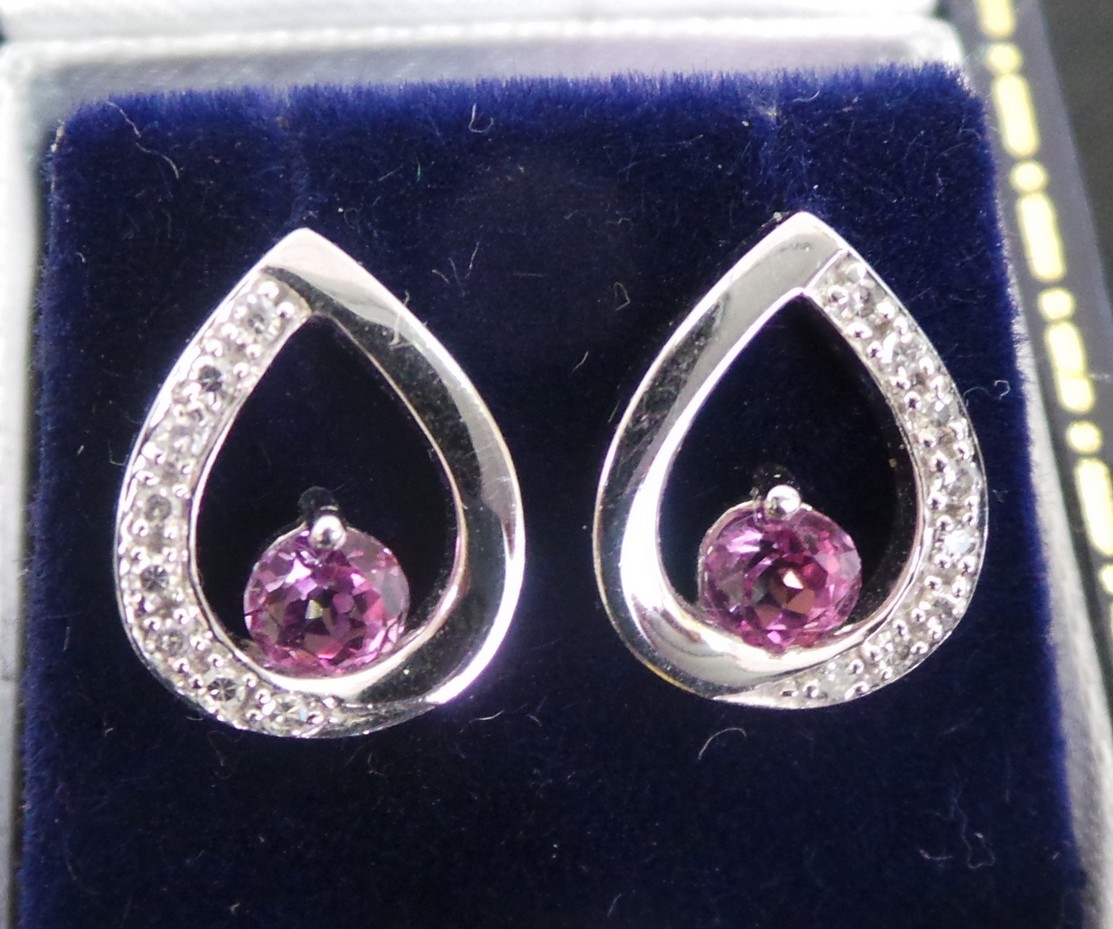 Pair of White Gold Diamond/Pink Sapphire Earrings