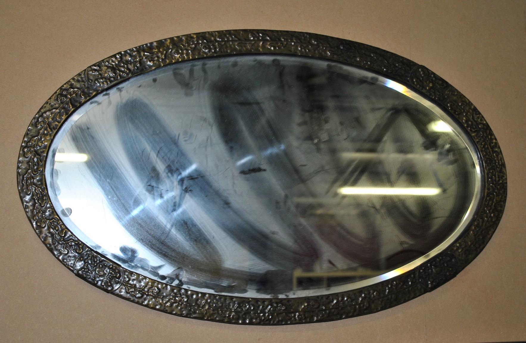 Art Nouveau Brass Framed Oval Bevelled Wall Mirror