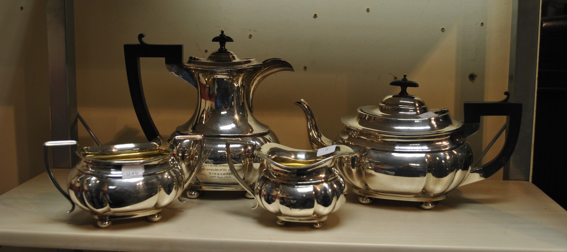 4 piece E.P Tea service with Engraving and dated 12th November 1915