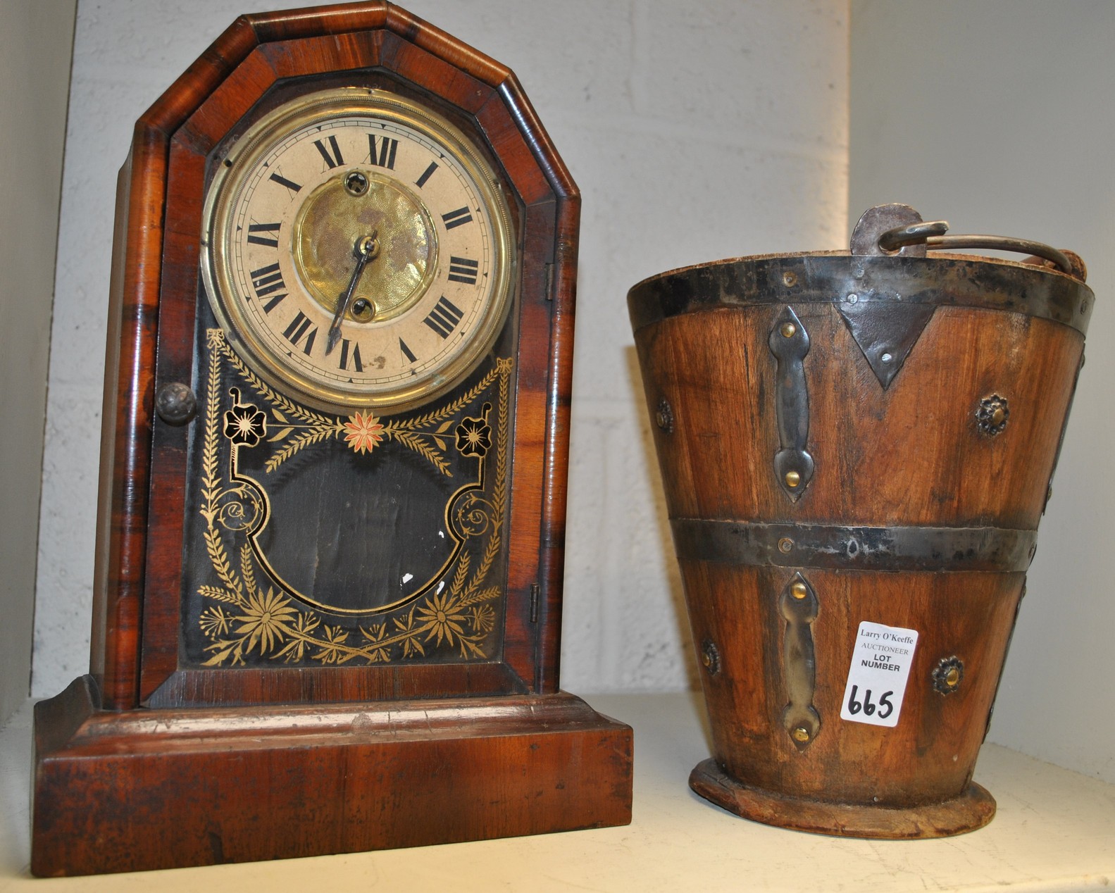 Mantel Clock and Wooden Bucket