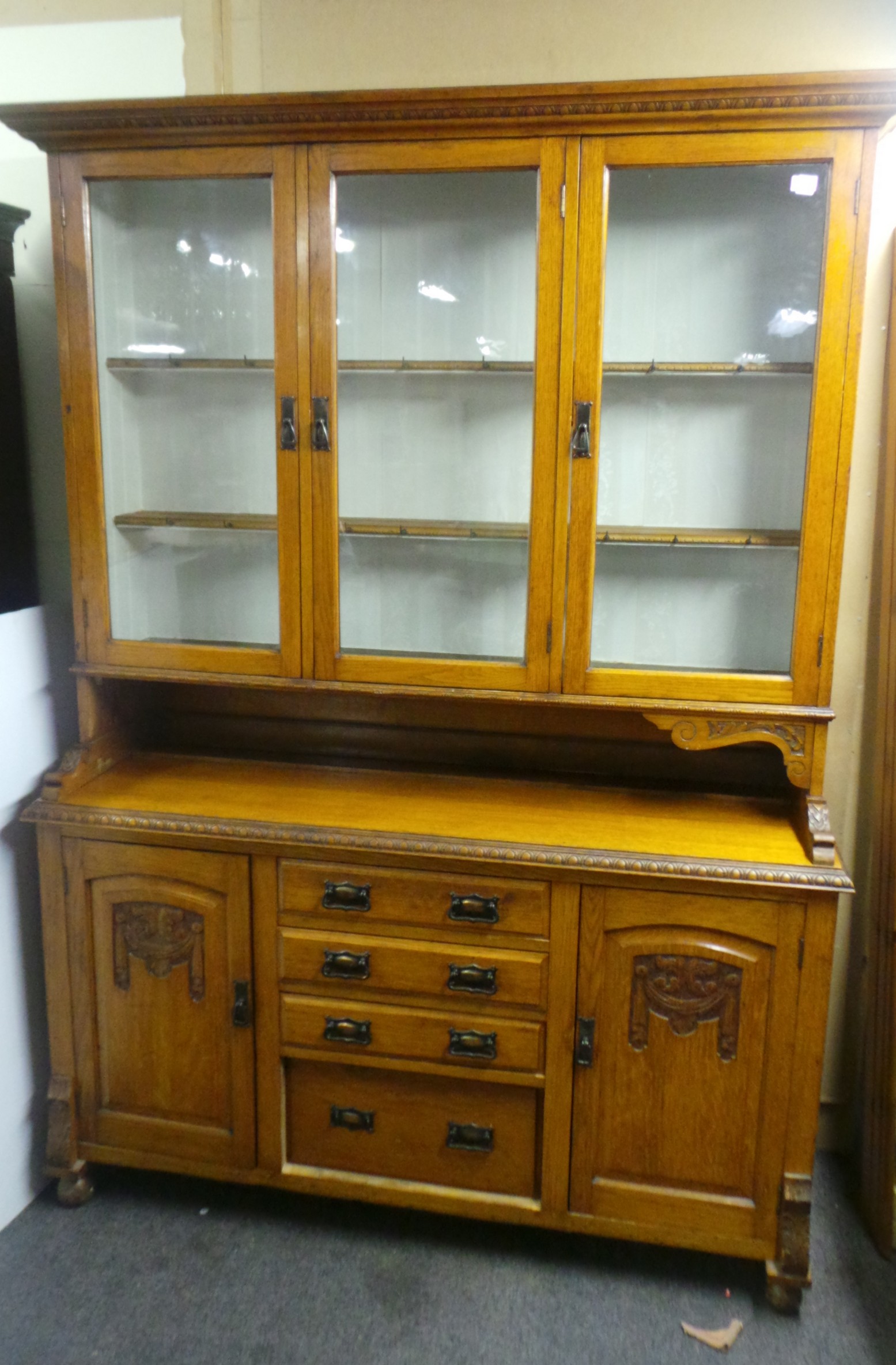 Edwardian Golden Oak Farmhouse Dresser with Glazed Doors