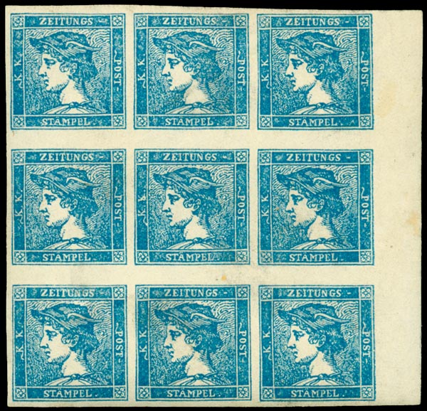 FRANCOBOLLI per GIORNALI del 1851 blocco di 9 del (3 cent.) n.1b color azzurro grigio bordo di