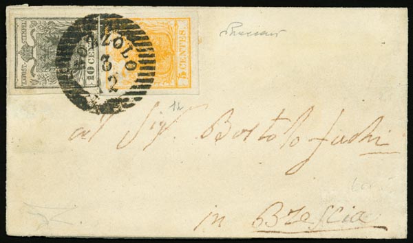 BOZZOLO (LO) punti 2, lettera di piccolo formato diretta a Brescia in data 3.12.1856 affrancata con