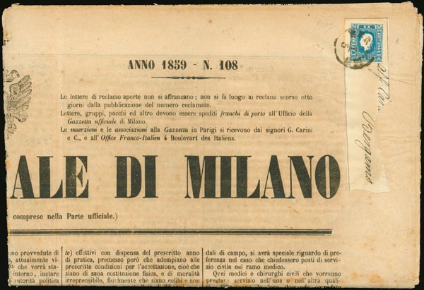 BERGAMO C1 1øtipo (punti 8) su giornale del 6.5.1859 affrancato col valore per giornali di colore