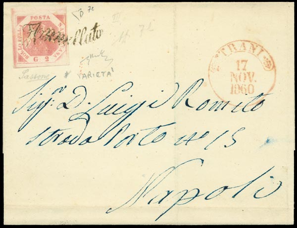 ANGOLO INF.DESTRO INCOMPLETO, 2 gr.(n.7l) con buoni margini da Trani a Napoli (17 nov.1860). Firme