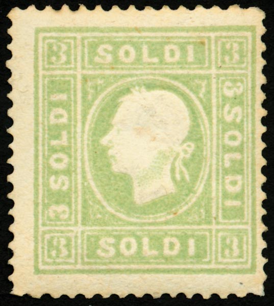 VERDE GIALLO, francobollo del 1862 da 3 sd.(n.35) firmato A.Diena.