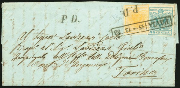 AZZURRO e GIALLO, lettera cpl.spedita da Pavia a Torino in data 13.12.1853 affrancata per cent.50