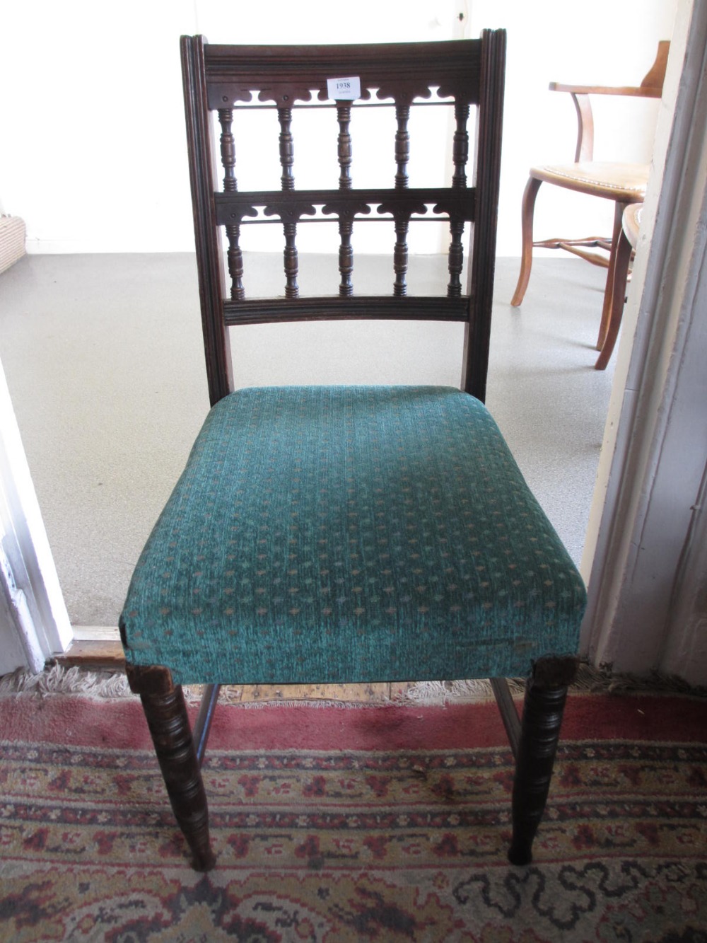 Set of six late 19th Century Aesthetic Movement chairs with spindle backs, upholstered seats and