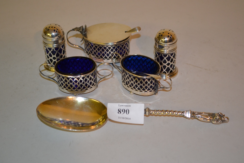 Birmingham silver five piece condiment set of pierced design together with a plated Apostle