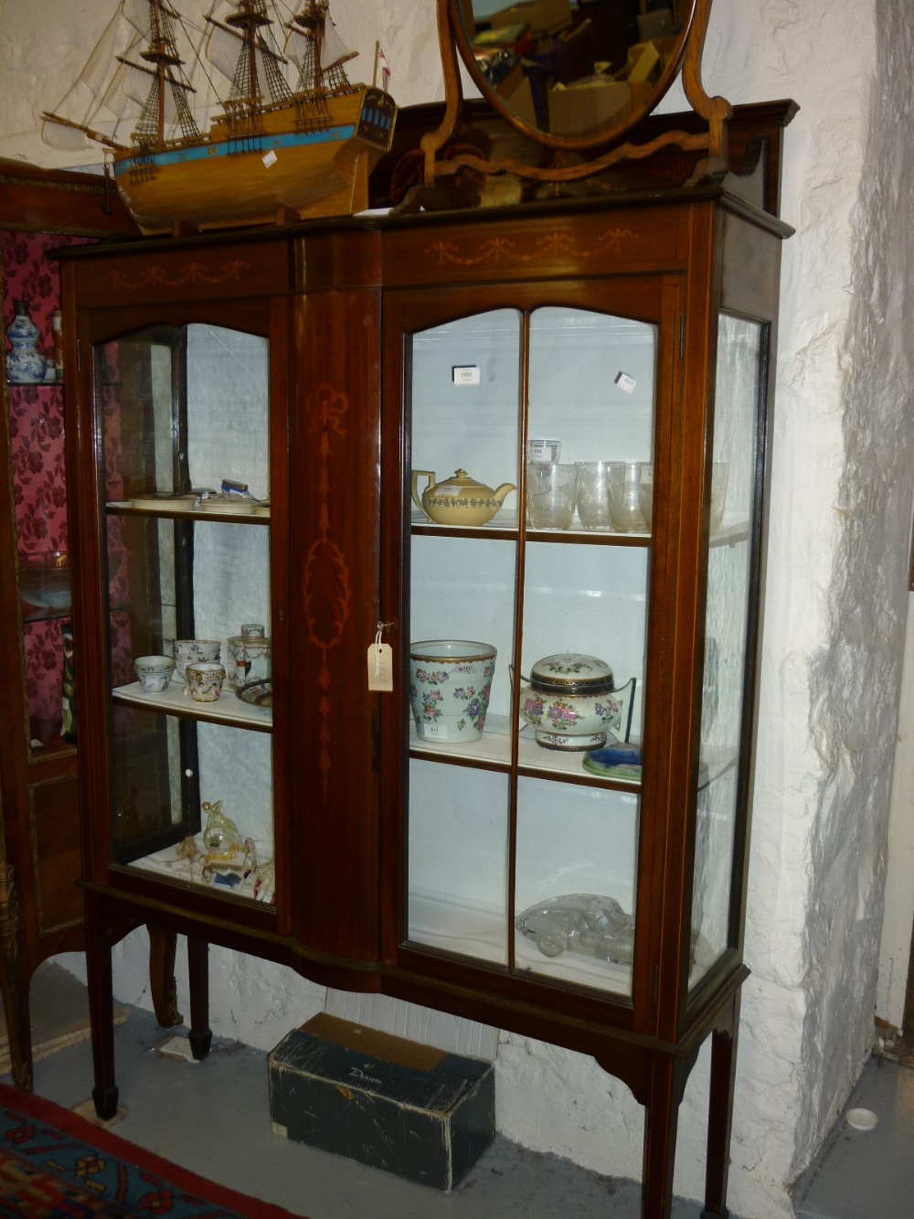 Edwardian mahogany chequer, line and marquetry inlaid two door display cabinet