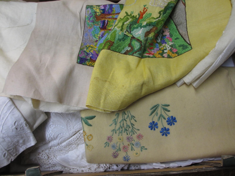 Box containing a quantity of mixed linen including embroidered panels etc.