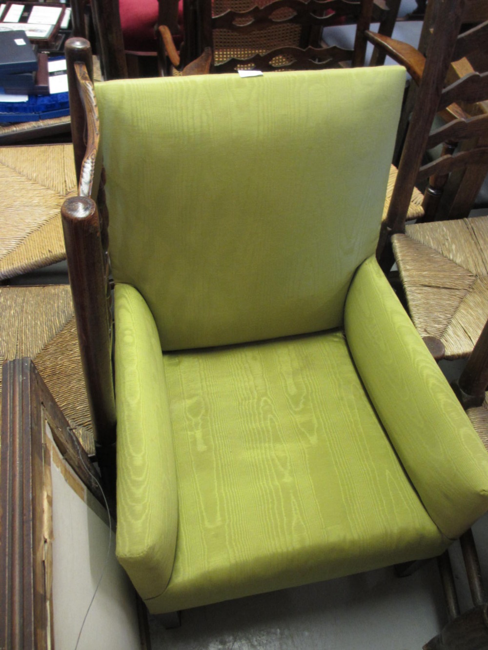 Edwardian green satin upholstered tub chair on square tapering supports and a mid 20th Century