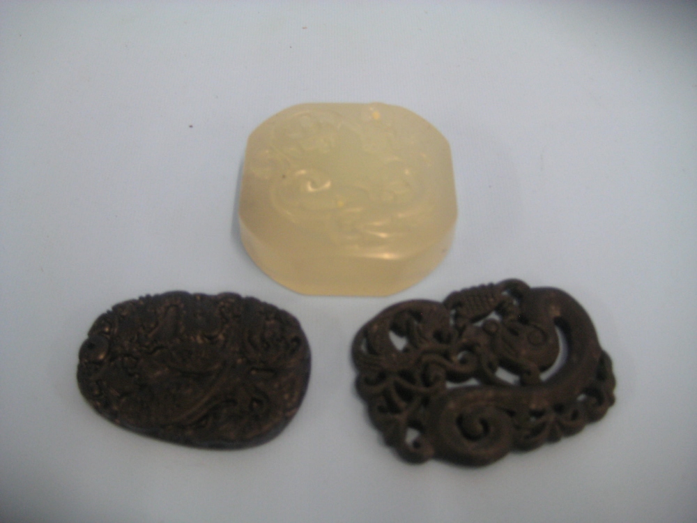 Group of three various Chinese carved hardstone small plaques